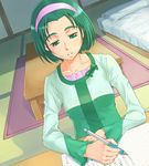  akimoto_komachi bed book desk green_eyes green_hair green_shirt hairband nishiwaki pen precure shirt short_hair solo yes!_precure_5 