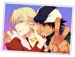  barnaby_brooks_jr beard blonde_hair blue_eyes brown_eyes brown_hair cabbie_hat facial_hair glasses hat jewelry kaburagi_t_kotetsu male_focus multiple_boys necklace one_eye_closed photo_(object) sacchin_(yama) tiger_&amp;_bunny v 