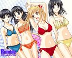  arms_up bikini black_hair blonde blue_eyes brown_eyes dutch_angle innertube mizugi sawachika_eri school_rumble side-tie_bikini suou_mikoto takano_akira tankini tsukamoto_tenma twin_tails waki 