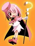  ;d ? benesse boots cape chibi hat hatena_yousei hoppege one_eye_closed open_mouth orange_background pink_cape pink_footwear pink_hair pink_hat shoes smile solo staff 