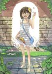  ataru_(ataru_squall) barefoot brown_eyes brown_hair dress flower full_body grass open_mouth original short_hair skirt_basket solo squirrel standing striped striped_dress sundress wading water 