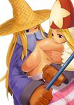  2girls black_mage black_mage_(fft) blonde_hair blue_eyes breast_grab breast_sucking breasts female final_fantasy final_fantasy_tactics gloves grabbing hat long_hair mesiuma_joutai multiple_girls nipples one_eye_closed red_eyes robe staff time_mage time_mage_(fft) underboob wink witch_hat yuri 