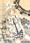  aqua_eyes blonde_hair bracelet checkered checkered_skirt hair_ornament hair_ribbon hairclip headphones highres jewelry kagamine_rin meimu_(yumegoya) middle_finger nail_polish ribbon school_uniform short_hair skirt smile solo tiger_rampage_(vocaloid) vocaloid 