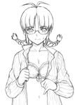  ahoge akizuki_ritsuko blush bra braid glasses greyscale idolmaster idolmaster_(classic) idolmaster_1 lingerie midriff monochrome open_clothes open_shirt shirt short_hair sketch solo tanisi_(hosimade) twin_braids underwear 