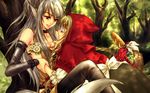  animal_ears big_bad_wolf_(grimm) blonde_hair blue_eyes blush braid elbow_gloves flower gloves grey_hair grimm's_fairy_tales highres little_red_riding_hood little_red_riding_hood_(grimm) long_hair multiple_girls red_eyes sakura_shio tail wallpaper wolf_ears wolf_tail yuri 