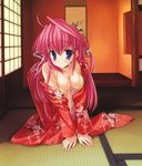  all_fours blue_eyes bra breasts cleavage collar fukamine_riko gift_(game) hanging_scroll highres japanese_clothes kimono large_breasts lingerie long_hair mitha open_bra pink_hair scroll solo tatami tokonoma underwear yellow_bra 
