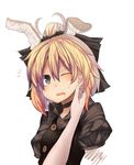  antennae blonde_hair blush bow brown_eyes flying_sweatdrops goose_h hair_bow hand_on_another's_cheek hand_on_another's_face hati105 highres kurodani_yamame open_mouth out_of_frame pov recolored short_hair solo_focus sweatdrop touhou 