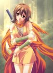  brown_eyes brown_hair copyright_request duplicate ena_roseo forest nature ninja short_hair skirt solo sword thighhighs weapon zettai_ryouiki 