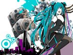  alternate_costume bad_id bad_pixiv_id cityscape elbow_gloves fishnet_pantyhose fishnets gloves hatsune_miku long_hair microphone microphone_stand pantyhose sakisato_kiriko solo speaker twintails vocaloid 