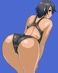 ass back bare_shoulders bent_over black_hair blue_background brown_eyes competition_swimsuit from_behind looking_back lowres matoyama one-piece_swimsuit original simple_background solo swimsuit tan 