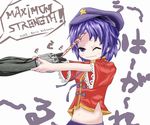  beret bullying crysis hat jiangshi maromi_gou midriff miyako_yoshika navel ofuda purple_eyes purple_hair solo touhou upper_body wakamoto_norio 