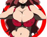  bananadrive bra breasts choker cleavage drill_hair heroman huge_breasts lingerie lipstick makeup pixiv_thumbnail red_eyes red_hair resized simple_background toshi_aki underwear vera_collins 