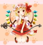  animal_ears ascot blonde_hair blush cat_ears cat_tail dress flandre_scarlet hand_to_own_mouth hat kemonomimi_mode laevatein michii_yuuki open_mouth red_eyes ribbon side_ponytail solo tail tail_ribbon touhou wings 