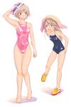  arena_(company) bad_id bad_pixiv_id blue_eyes brown_hair competition_school_swimsuit competition_swimsuit goggles green_eyes long_hair multiple_girls no_socks one-piece_swimsuit original school_swimsuit shoes shoko_(moccom) short_hair swim_cap swimsuit thigh_gap towel towel_on_head 