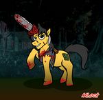  ash ash_houseware ashley_williams black_hair blood book chainsaw clothing crossover cutie_mark equine evil_dead feral gore green_eyes grin hair horn horse house long_hair looking_at_viewer male mammal mlock my_little_pony necronomican night outside parody ponification pony short_hair smile solo tree unicorn vest yellow_body 