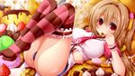  blush breasts brown_hair buckle candy cassini_m_bisuko commentary_request food hair_ornament highres jewelry large_breasts legs lollipop long_hair lying necklace on_back original red_eyes shirt solo striped striped_legwear syroh taut_clothes taut_shirt thighhighs thighs wrist_cuffs 