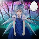  1girl bad_id bad_pixiv_id blue_dress blue_eyes blue_hair blush butterfly_net caught cirno dress exasperation forest hand_net highres nature net open_mouth s-syogo solo spoken_ellipsis sweatdrop touhou twilight wings 