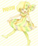  :d blonde_hair bow copyright_request dress food food_themed_clothes hair_bow happy heterochromia open_mouth pantyhose pasta personification short_hair smile solo yapo_(mess) yellow_legwear 