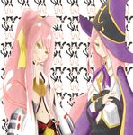  2girls age_difference animal_ears arc_system_works bell belt blazblue blush bracelet cape cat cat_ears cat_tail crossed_arms female hair_over_one_eye happy hat jewelry kokonoe konoe_a_mercury kuzira217 labcoat long_hair midriff mother_and_daughter multiple_girls multiple_tails nine_(blazblue) pants pink_hair ponytail purple_ribbon ribbon smile tail witch_hat yellow_eyes yellow_ribbon 