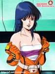  80s bare_shoulders blue_hair choujikuu_yousai_macross long_hair lynn_minmay macross macross:_do_you_remember_love? oldschool pilot_suit science_fiction solo spacesuit tachibana_kazuto tank_top u.n._spacy undressing 