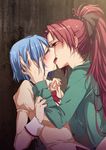  blue_hair blush bow closed_eyes couple fang fingernails french_kiss hair_bow hands highres holding_hands kiss long_hair mahou_shoujo_madoka_magica matilda miki_sayaka multiple_girls ponytail profile red_eyes red_hair sakura_kyouko saliva school_uniform short_hair tears tongue upper_body yuri 