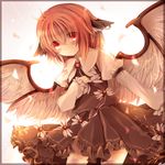  animal_ears blush dress feathers highres jewelry leaning_forward maho_moco mystia_lorelei no_hat no_headwear pink_hair red_eyes short_hair single_earring solo thighhighs touhou wings 