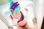  asian black_bra black_panties blue_hair bra cosplay demon_girl kurono_kurumu kuruno_kurumu kuruno_kurumu_(cosplay) lingerie navel open_clothes open_shirt panties photo real rosario+vampire shirt snow_flakes succubus thighs underwear white_kneehighs white_legwear 