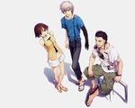  2boys :o arms_behind_back black_eyes black_hair bracelet brown_eyes brown_hair cargo_shorts casual crossed_legs decoration_disorder_disconnection feet grey_hair ishizue_arika jewelry kirisu_yaichirou koyama_hirokazu long_legs mihaya_tsuranui multiple_boys necklace ring sandals shadow short_hair shorts simple_background sitting suspenders tank_top 