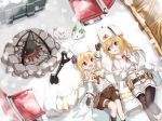  absurdres blonde_hair blue_eyes bunny campfire commentary_request fur_hat girls_frontline hat highres jacket lying matsuo_(matuonoie) mosin-nagant_(girls_frontline) multiple_girls nagant_revolver_(girls_frontline) on_back red_eyes siblings sisters snow snow_bunny ushanka 