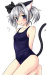  alternate_hairstyle animal_ears arms_behind_back bad_id bad_pixiv_id blush bow cat_ears cat_tail etou_(cherry7) hair_bow kemonomimi_mode kneeling konpaku_youmu looking_at_viewer nyan one-piece_swimsuit school_swimsuit short_hair silver_hair solo swimsuit tail touhou twintails 