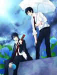  2boys ao_no_exorcist black_hair blue_eyes flower hydrangea male male_focus multiple_boys necktie okumura_rin okumura_yukio plant rain school_uniform shirt sitting smile striped striped_necktie sword umbrella uniform weapon white_shirt 