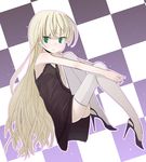  black_dress blonde_hair checkered checkered_background dress gosick green_eyes high_heels highres long_hair shoes solo thighhighs ume_(datsuryokugen) very_long_hair victorica_de_blois white_legwear zettai_ryouiki 