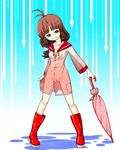  ahoge bare_legs blue_background boots brown_eyes brown_hair cameltoe directional_arrow eyebrows_visible_through_hair hidaka_mai idolmaster idolmaster_dearly_stars kamo_(alice-angel) looking_at_viewer naked_coat nude puddle raincoat red_footwear rubber_boots smile standing umbrella 