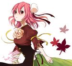  bandages bun_cover cow_(shadow) double_bun dress flower green_dress ibaraki_kasen leaf maple_leaf pink_hair puffy_sleeves red_eyes short_hair solo touhou white_background 