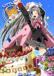  blue_eyes bouquet bow cape cat fangs flower gift grey_hair happy_birthday hat k3_(dolphin_brain) little_busters! long_hair noumi_kudryavka one_eye_closed pink_bow pink_flower pink_rose plaid plaid_skirt red_flower red_rose rose school_uniform skirt solo thighhighs 
