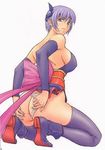  ankle_boots artbook ass ayane_(doa) blue_eyes boots breasts dead_or_alive headband large_breasts momoi_nanabei ninja panties panty_pull purple_footwear purple_hair scan short_hair sideboob solo thighhighs thong underwear 