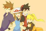  2boys 2girls baseball_cap blue_(pokemon) green_eyes hat jewelry multiple_boys multiple_girls necklace ookido_green pokemon pokemon_(game) pokemon_firered_and_leafgreen pokemon_rgby pokemon_special pokemon_yellow ponytail red_(pokemon) red_eyes yellow_(pokemon) 