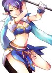  blue_hair gloves judith kuzumiya_yuyu long_hair midriff pointy_ears polearm solo tales_of_(series) tales_of_vesperia weapon 