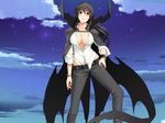  arided artist_request belt black_hair bracelet breasts cape cleavage jewelry large_breasts long_hair no_bra open_clothes open_shirt red_eyes shirt sleeves_folded_up solo sumaga 