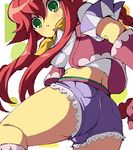  blue_shorts breasts cameltoe enoo frills gloves green_eyes legs long_hair looking_back lowres medium_breasts necktie oekaki pink_gloves pink_vest rebecca_streisand red_hair shorts sidelocks solo surprised taut_clothes taut_shorts thighs vest wild_arms wild_arms_5 