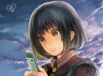  bad_id bad_pixiv_id black_hair broken_heart brown_eyes cellphone cloud face hands highres lips original phone short_hair sky solo tcb tears wide-eyed 