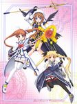  armor bardiche blonde_hair blue_eyes blush book bow brown_hair cape coat duplicate fate_testarossa fingerless_gloves gauntlets gloves hair_ornament hair_ribbon jacket long_hair lyrical_nanoha magazine_(weapon) magic_circle magical_girl mahou_shoujo_lyrical_nanoha_strikers multiple_girls murasaki_atsushi octagram open_clothes open_jacket open_mouth purple_eyes raising_heart red_bow red_eyes red_hair ribbon schwertkreuz short_hair single_gauntlet single_glove skirt smile staff star_of_lakshmi takamachi_nanoha thighhighs tome_of_the_night_sky twintails waist_cape wings x_hair_ornament yagami_hayate zettai_ryouiki 