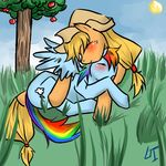  applejack_(mlp) blonde_hair blue_fur couple cute cutie_mark duo equine eyes_closed female feral friendship_is_magic fruit fur grass hair hat horse lesbian mammal multi-colored_hair my_little_pony pegasus pony rainbow_dash_(mlp) rainbow_hair tree unknown_artist wings wood 