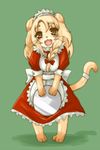  cat colored_background cute feline female green_background hair long_blonde_hair long_hair looking_at_viewer maid maid_uniform mammal open_mouth plain_background plate ribbons shinobe solo standing teeth yellow_eyes 