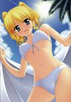  absurdres beach bikini blonde_hair blue_eyes blush cloud day dutch_angle from_above front-tie_top highres honeycoming_royalsweet light_rays looking_at_viewer matsushita_makako navel open_towel outdoors palm_tree parted_lips rakko_(makarakko) short_hair sky smile solo sun sunbeam sunlight swimsuit tagaya_marino towel tree wet white_bikini 