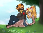  anthro bow brown_eyes canine duo female flower green_eyes kingofkof leaves love lying male mammal maya miles pigtails romantic rose skimike spring summer tree wood 