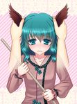  alha animal_ears blush broom dress ear_grab green_eyes green_hair kasodani_kyouko petting short_hair solo touhou upper_body wavy_mouth 