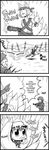  2girls 4koma :3 bad_id bkub bunnyhop chen comic greyscale gun hard_translated highres hopping monochrome multiple_boys multiple_girls pun rambo tail touhou translated weapon yakumo_ran 