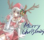  antlers bell blue_eyes christmas earrings elbow_gloves english gloves grey_hair hat holly jewelry long_hair looking_at_viewer merry_christmas necklace opera-tan os-tan pinecone santa_costume simple_background sitting smile solo star temp_h text_focus thighhighs white_gloves white_legwear 