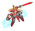  armor blonde_hair breasts cleavage cosmic_break crimrose flying full_body headgear highres long_hair mecha_musume medium_breasts navel official_art red_eyes smile solo sword transparent_background wakaba weapon 